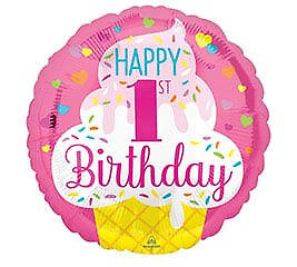 Happy 1st Birthday Girl Ice Cream Mylar Balloon